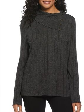 Rafaella Women’s Ribbed Button-Shoulder Sweater - Charcoal Grey Large NWT